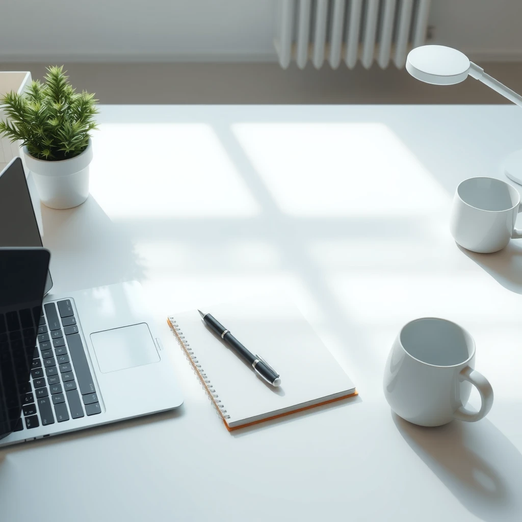Ein aufgeräumter minimalistischer Arbeitsplatz mit Laptop, Notizbuch, Stift, Kaffeetasse und kleiner Pflanze
