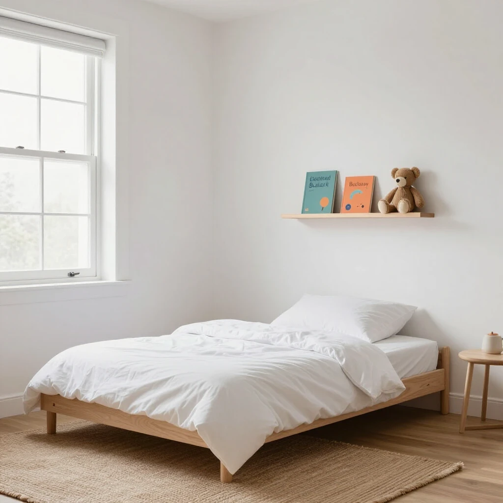 Ruhiges minimalistisches Kinderzimmer mit natürlichem Licht und wenigen, wohlplatzierten Elementen