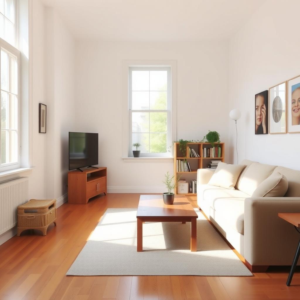 Ein gemütliches, minimalistisches Wohnzimmer mit einem einfachen Holztisch, einer beigen Couch und einem kleinen Bücherregal.
