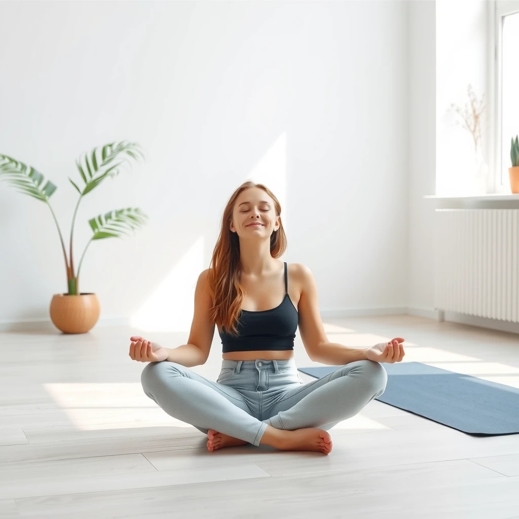 Eine ruhige Person bei einer Achtsamkeitsmeditation in einem minimalistischen Raum