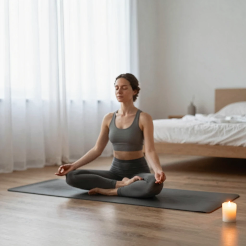 Person in meditativer Pose in minimalistischem Schlafzimmer