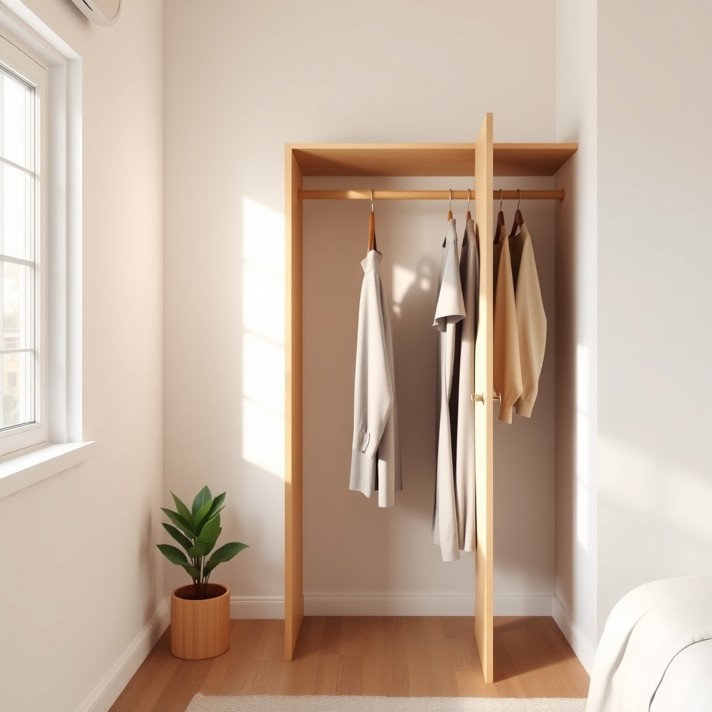 Ein offener Kleiderständer in einem minimalistischen Schlafzimmer mit wenigen Kleidungsstücken