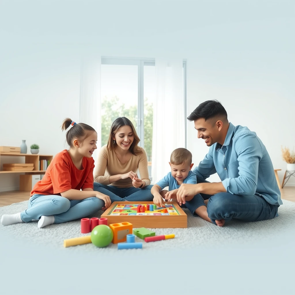 Glückliche Familie mit vier Personen sitzt auf dem Boden in einem hellen, minimalistischen Wohnzimmer mit wenigen Spielzeugen und spielt gemeinsam ein Brettspiel