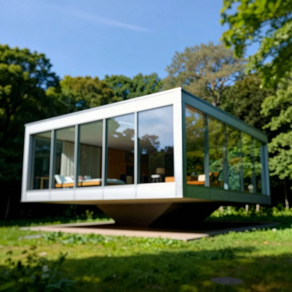 Das Farnsworth House von Ludwig Mies van der Rohe – ein ikonisches Beispiel minimalistischer Architektur aus Glas und Stahl inmitten der Natur