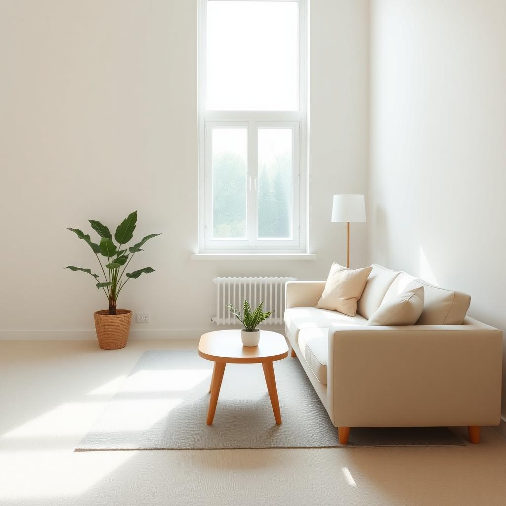 Ein minimalistisches Wohnzimmer mit gemütlichem Sofa, kleinem Holztisch und einer Topfpflanze in der Ecke, beleuchtet von sanftem Tageslicht.