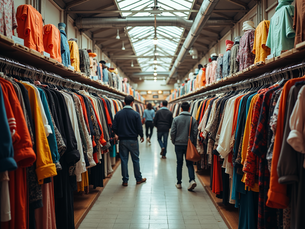 Belebter Second-Hand-Laden mit bunter Kleidung