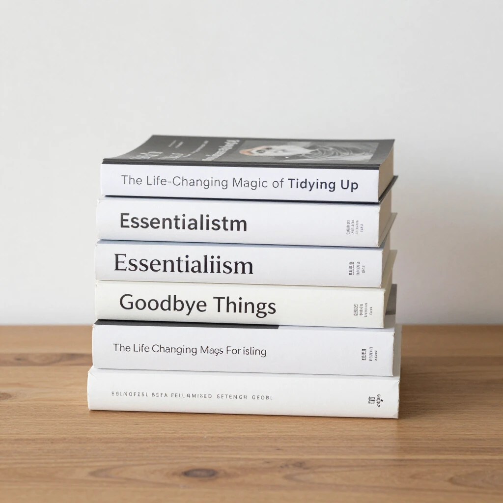 Ein Stapel beliebter Minimalismus-Bücher auf einem einfachen Holztisch, mit Titeln wie Magic Cleaning, Essentialism und Goodbye, Things, bei weichem Licht