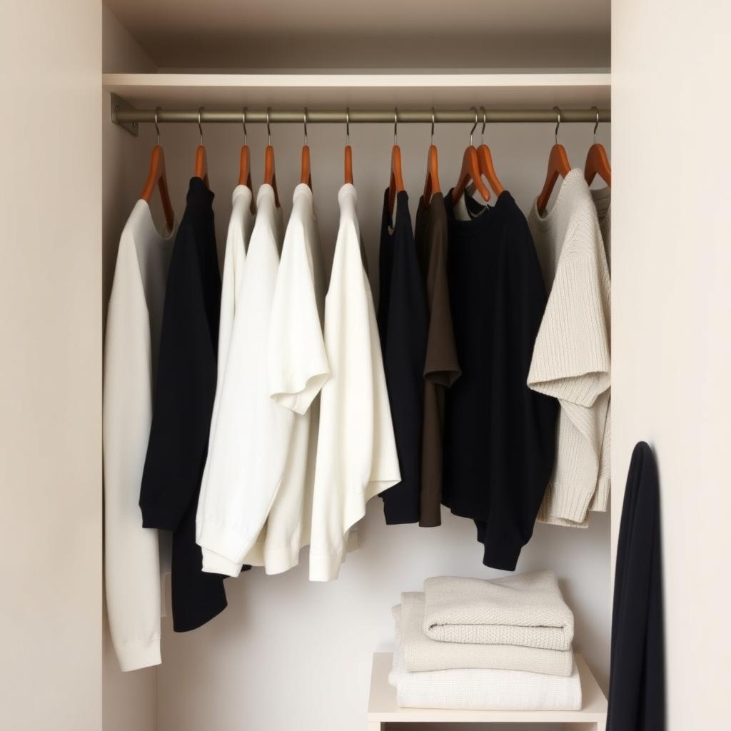Ein minimalistischer Kleiderschrank mit einer kleinen Auswahl an ordentlich aufgehängten Kleidungsstücken in neutralen Farben und einigen gefalteten Pullovern auf einem Regal.
