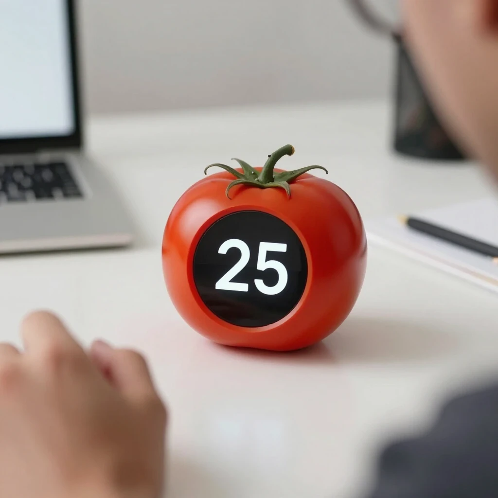 Person, die die Pomodoro-Technik anwendet: konzentriert am Schreibtisch mit einem tomatenförmigen Timer, der 25 Minuten anzeigt