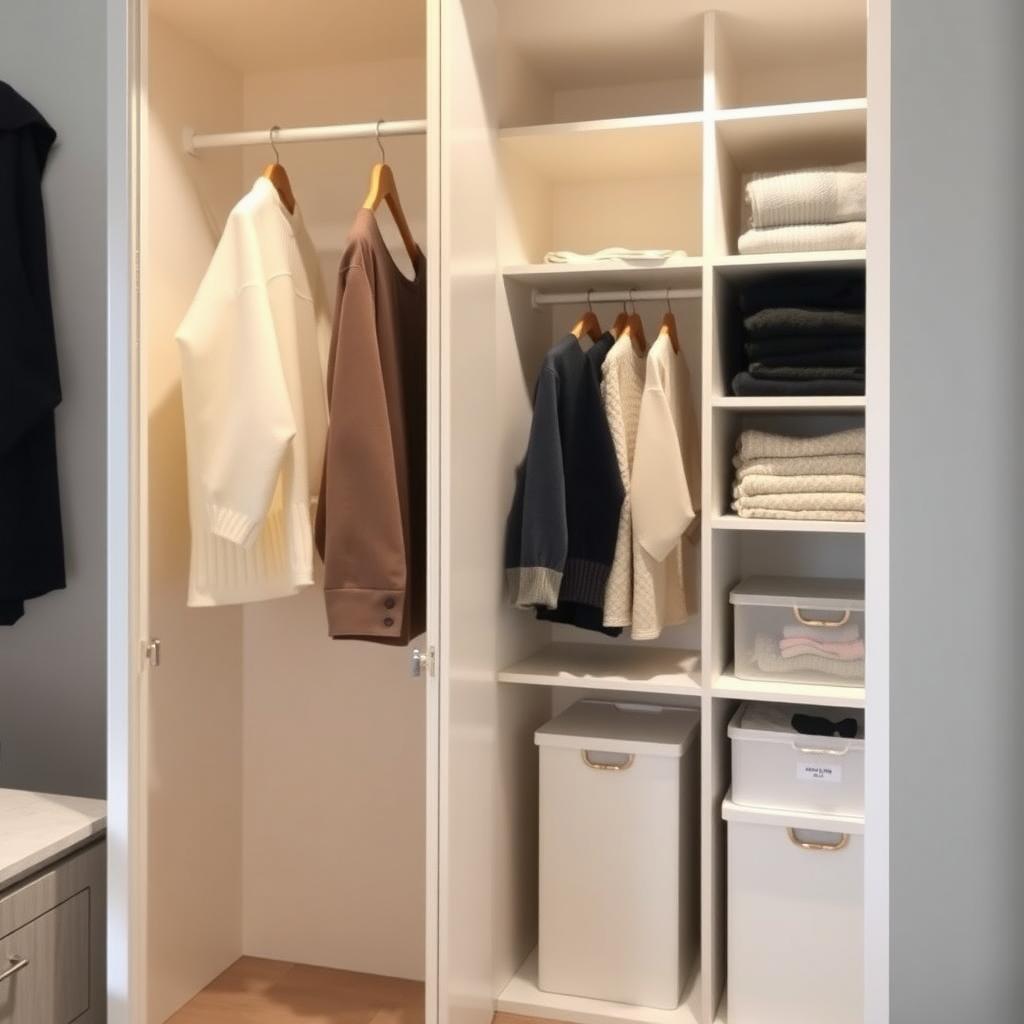 Ein minimalistischer Kleiderschrank mit einer kleinen Auswahl an Kleidung auf Holzbügeln, ordentlich gefalteten Pullovern auf Regalen und einigen beschrifteten Aufbewahrungsboxen.