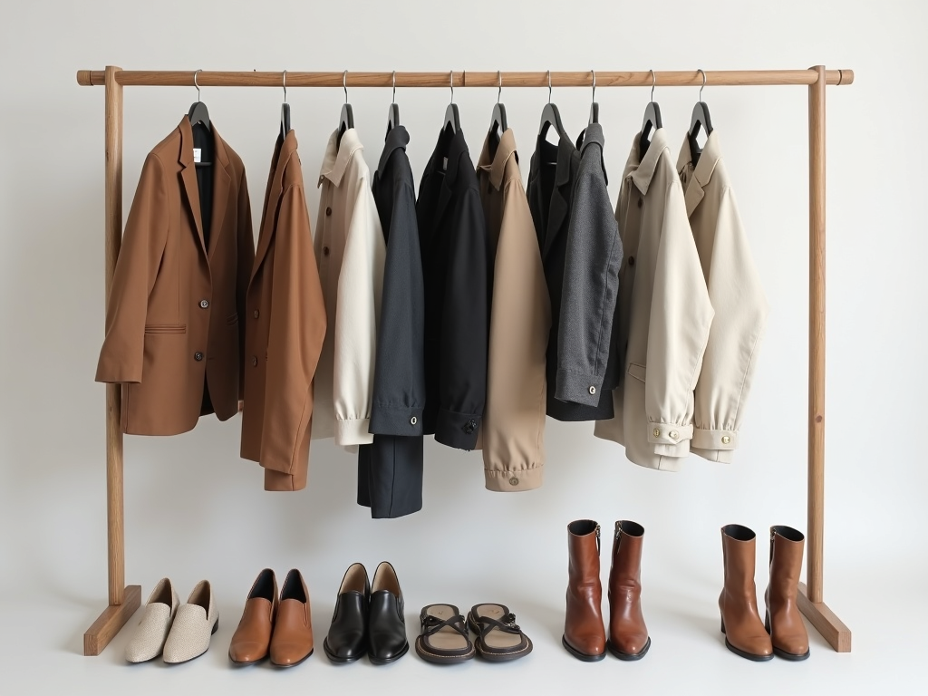 Ein minimalistischer Kleiderschrank mit wenigen hochwertigen, zeitlosen Kleidungsstücken, der Qualität statt Quantität betont.