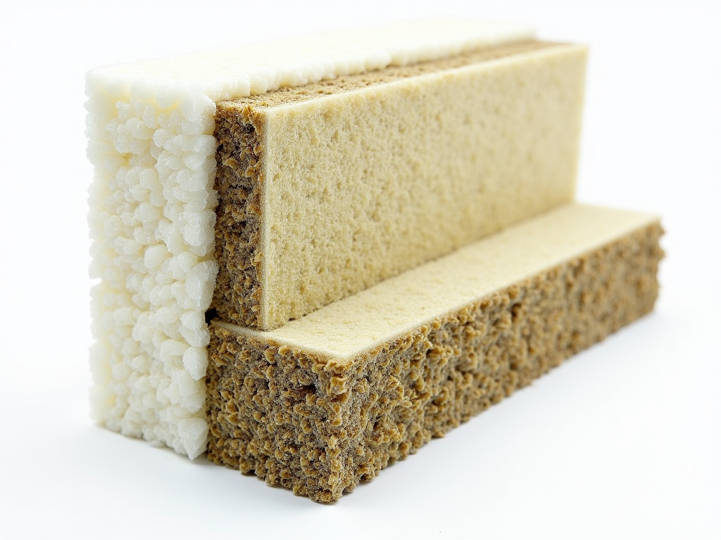 Querschnitt einer Gebäudewand mit nachhaltigen Dämmmaterialien wie Hanf oder Schafwolle