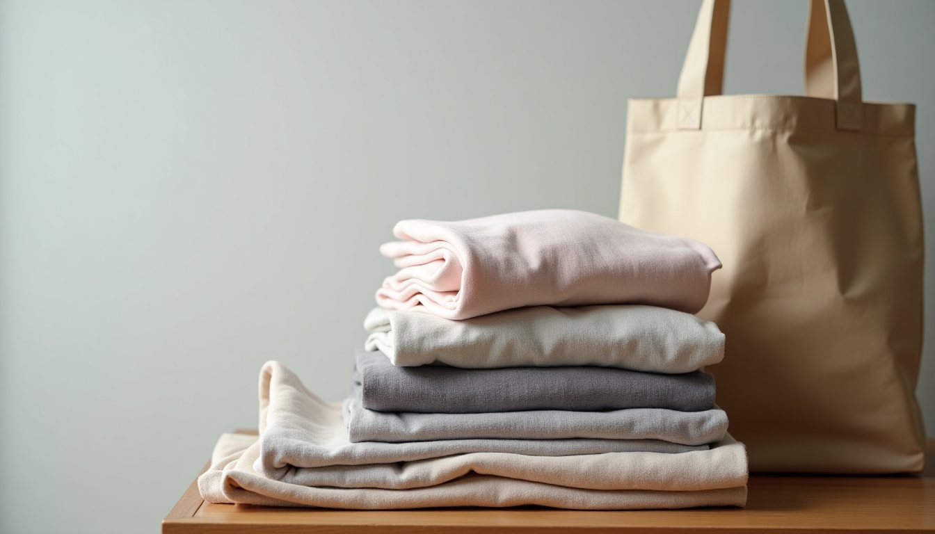 Kleine, ordentliche Stapel neutraler Kleidung als Capsule Wardrobe