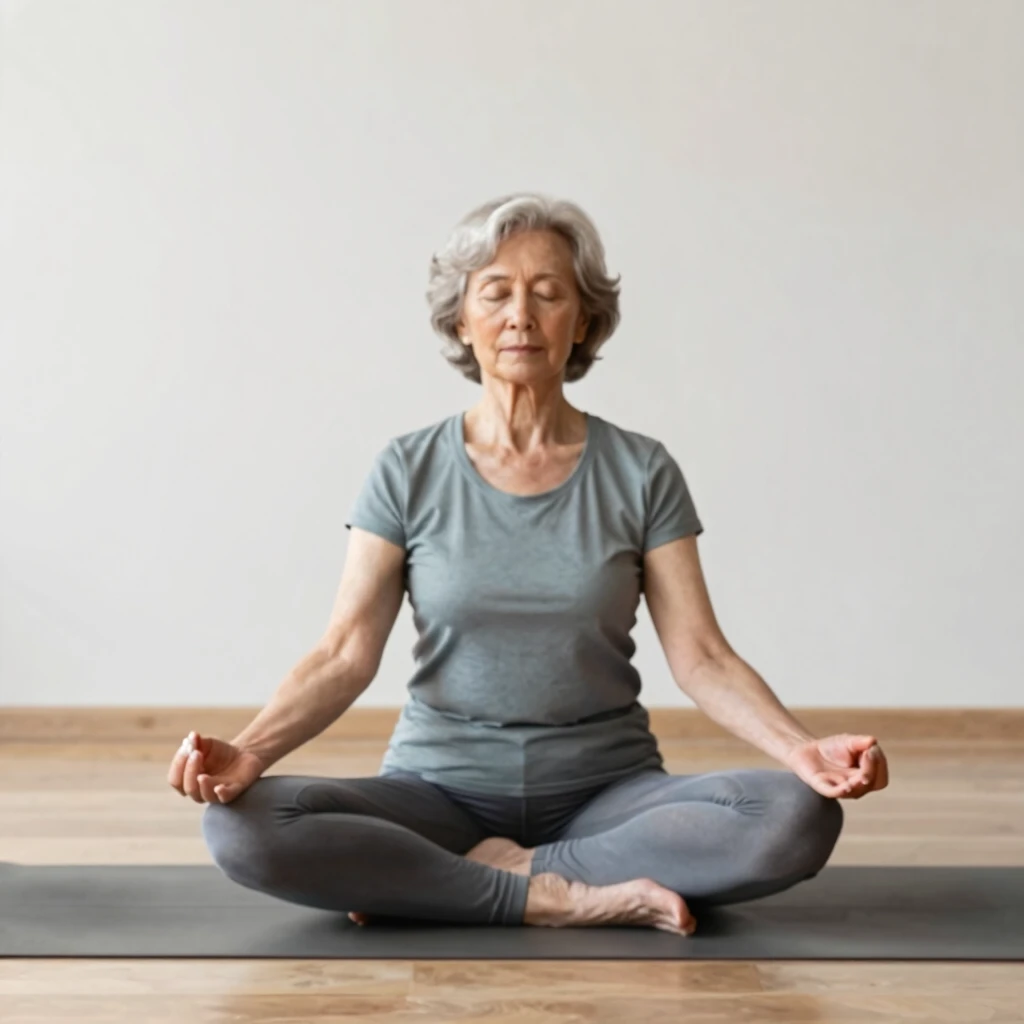 Ein ruhiger älterer Erwachsener praktiziert Achtsamkeit oder Yoga in einem einfachen, aufgeräumten Raum – Symbol für Freiheit von Besitz