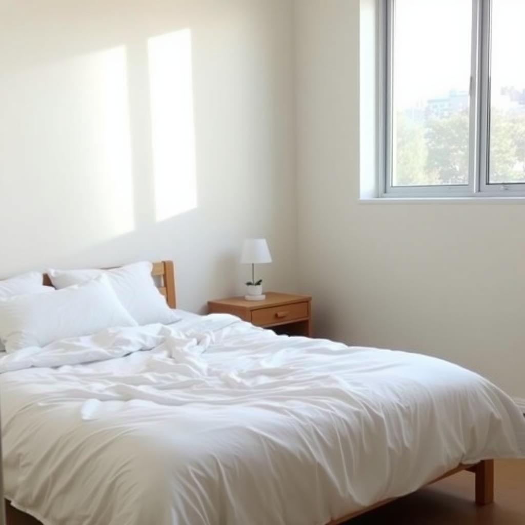 Ein minimalistisches Schlafzimmer mit einem ordentlich gemachten Bett, weißer Bettwäsche, einem einfachen Holznachttisch mit einer Lampe und einer kleinen Topfpflanze. Das Zimmer ist hell und ruhig.
