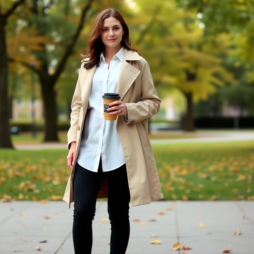Eine stilvolle Person in einem Park mit einem minimalistischen Outfit aus weißer Bluse, schwarzer Hose und beigem Trenchcoat, mit einer wiederverwendbaren Kaffeetasse.