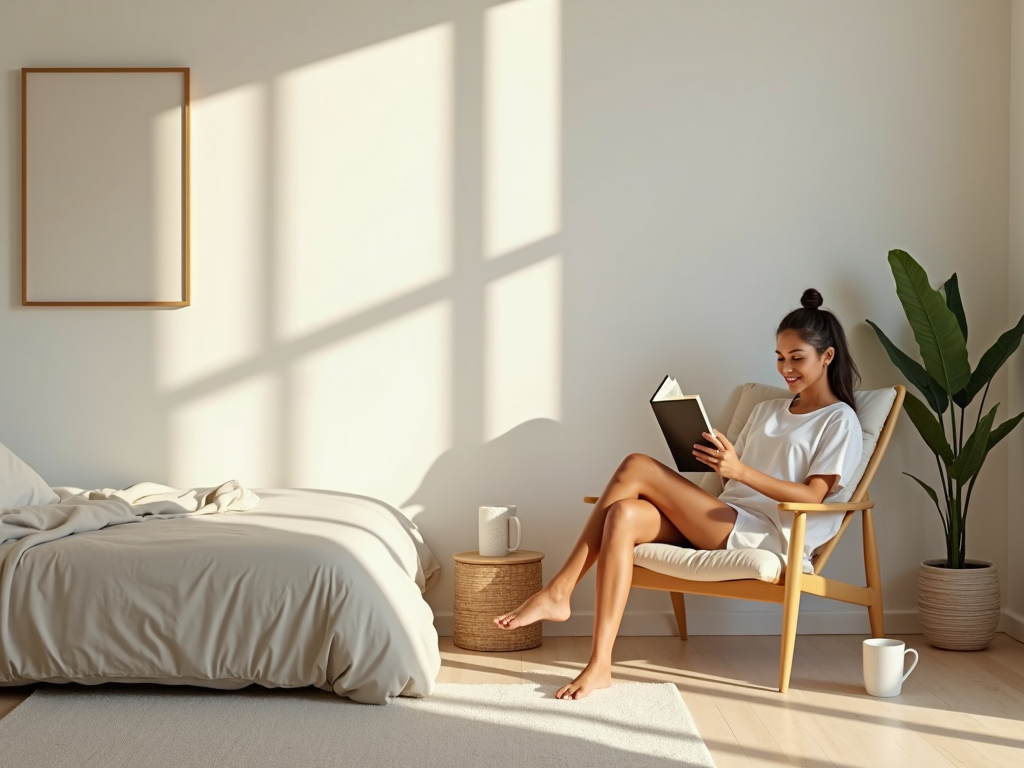Eine Person entspannt in einem minimalistischen Schlafzimmer mit einem Buch