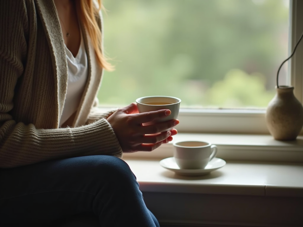 Eine Person mit einer Tasse Tee am Fenster, mit Blick auf die Natur.