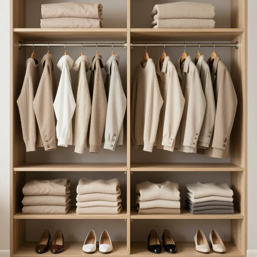 Ein ordentlich organisierter Kleiderschrank mit einer Kapsel-Garderobe: Etwa 20-30 neutrale Kleidungsstücke hängen sauber, Pullover gefaltet auf Regalen, minimalistische Schuhe darunter