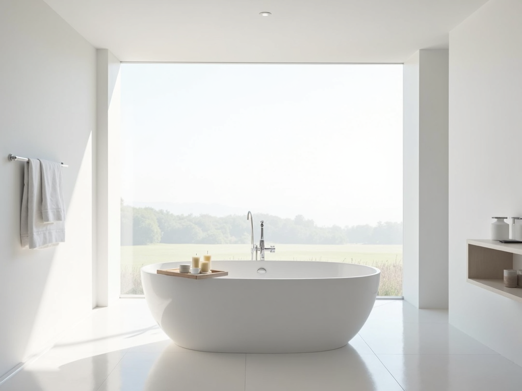 Minimalistische Badewanne mit freistehender Wanne und großen Fenstern