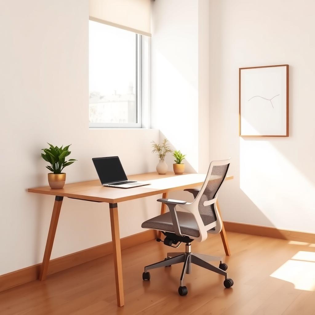 Minimalistisches Büro mit einem sauberen Schreibtisch, Laptop, kleiner Topfpflanze und natürlichem Licht durch ein großes Fenster.
