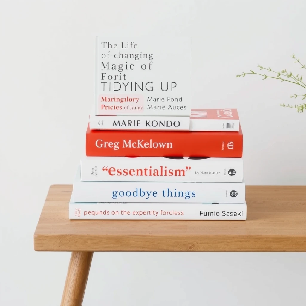 Ein Stapel beliebter Minimalismus-Bücher wie Magic Cleaning von Marie Kondo, Essentialism von Greg McKeown und Das Leben entrümpeln von Fumio Sasaki auf einem einfachen Holztisch
