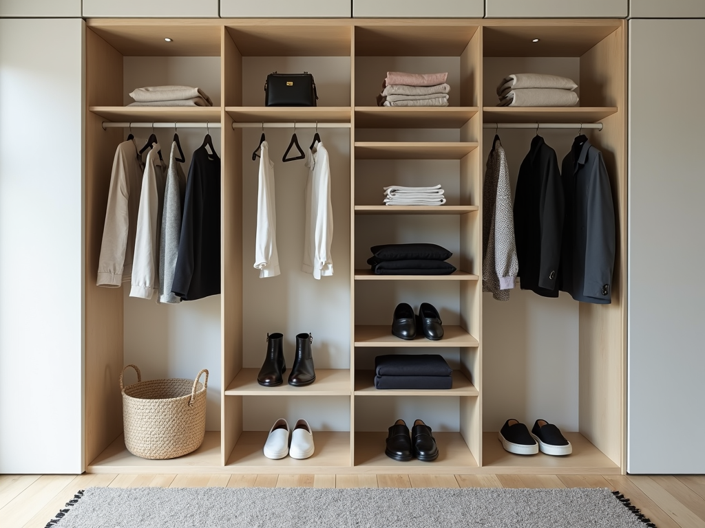 Ein minimalistischer, ordentlich organisierter Kleiderschrank mit nur den wesentlichen Kleidungsstücken.