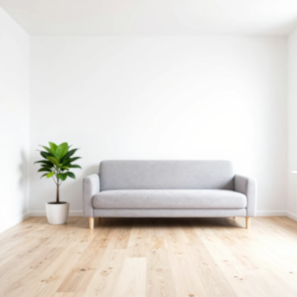 Helles minimalistisches Wohnzimmer mit weißen Wänden, Holzboden und wenigen Möbeln