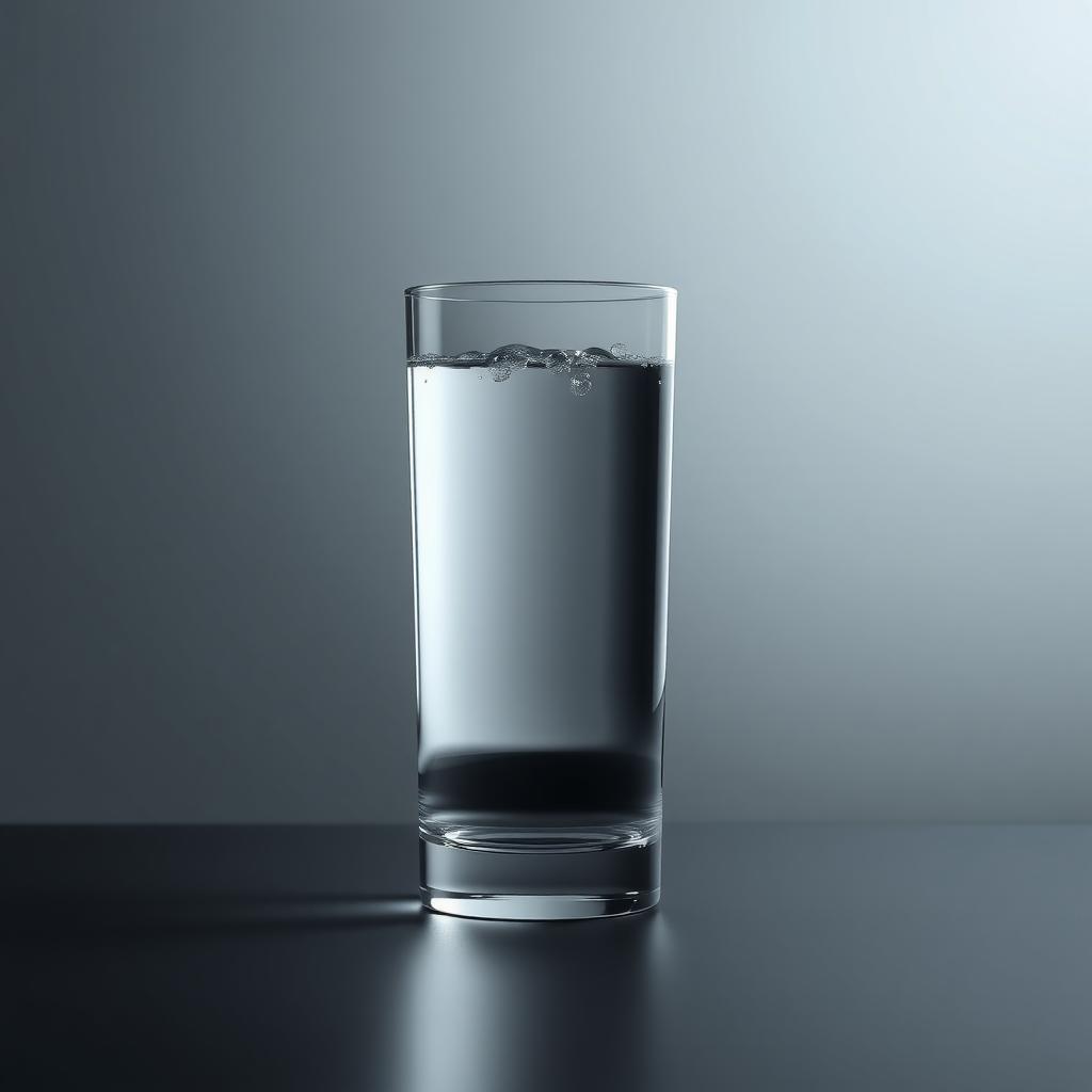 Ein minimalistisches Foto eines hohen Wasserglases mit wenigen Bläschen auf einer schwarzen Oberfläche vor einem grauen Hintergrund.
