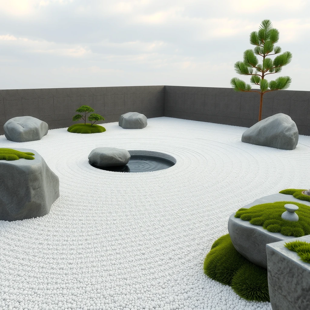 Zen-inspirierter Minimalismus-Garten mit geharktem Kies und Felsen