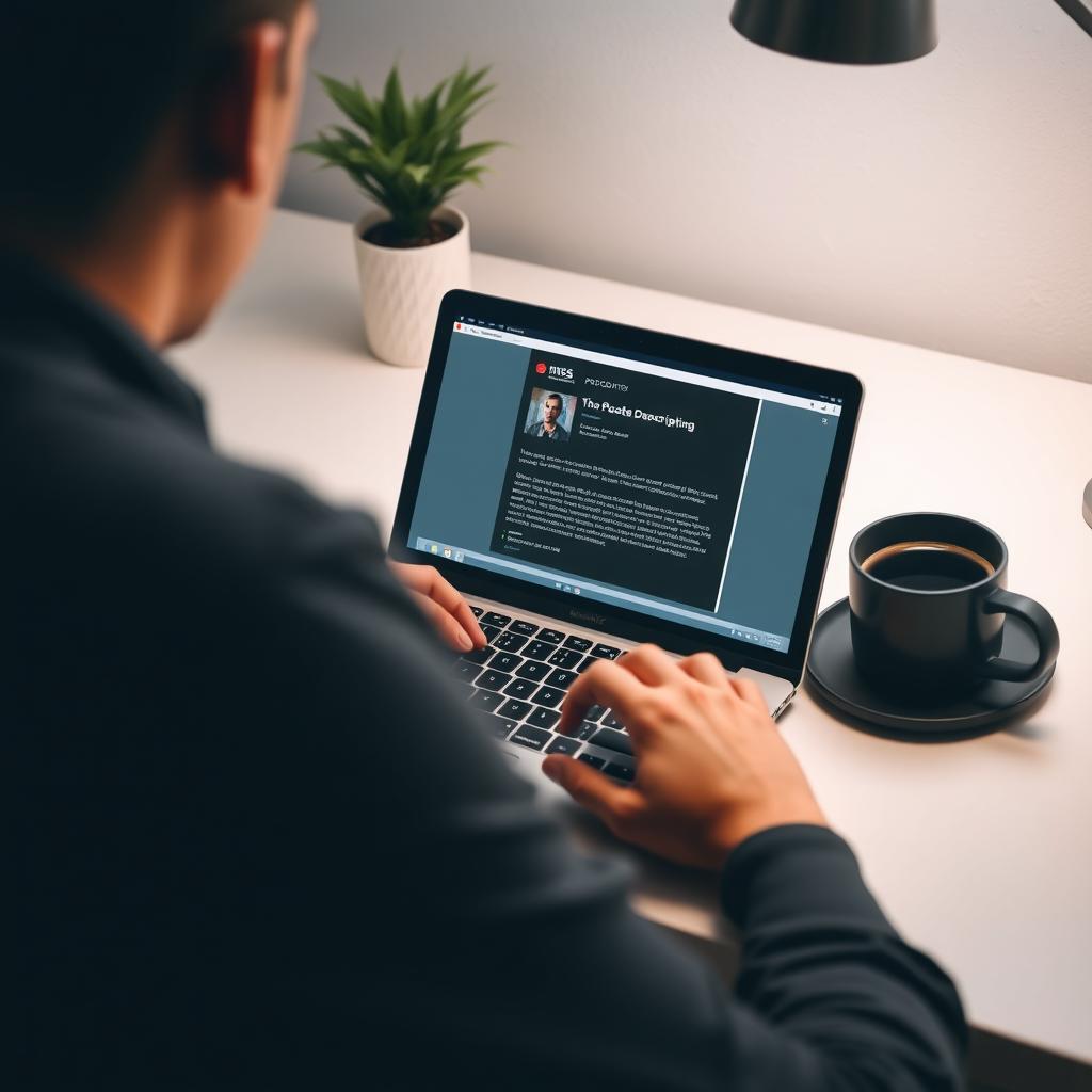 Eine Person sitzt an einem Laptop und erstellt eine Episodenbeschreibung auf einer kostenlosen Hosting-Plattform, mit einem minimalistischen Schreibtisch und einer Tasse Kaffee.