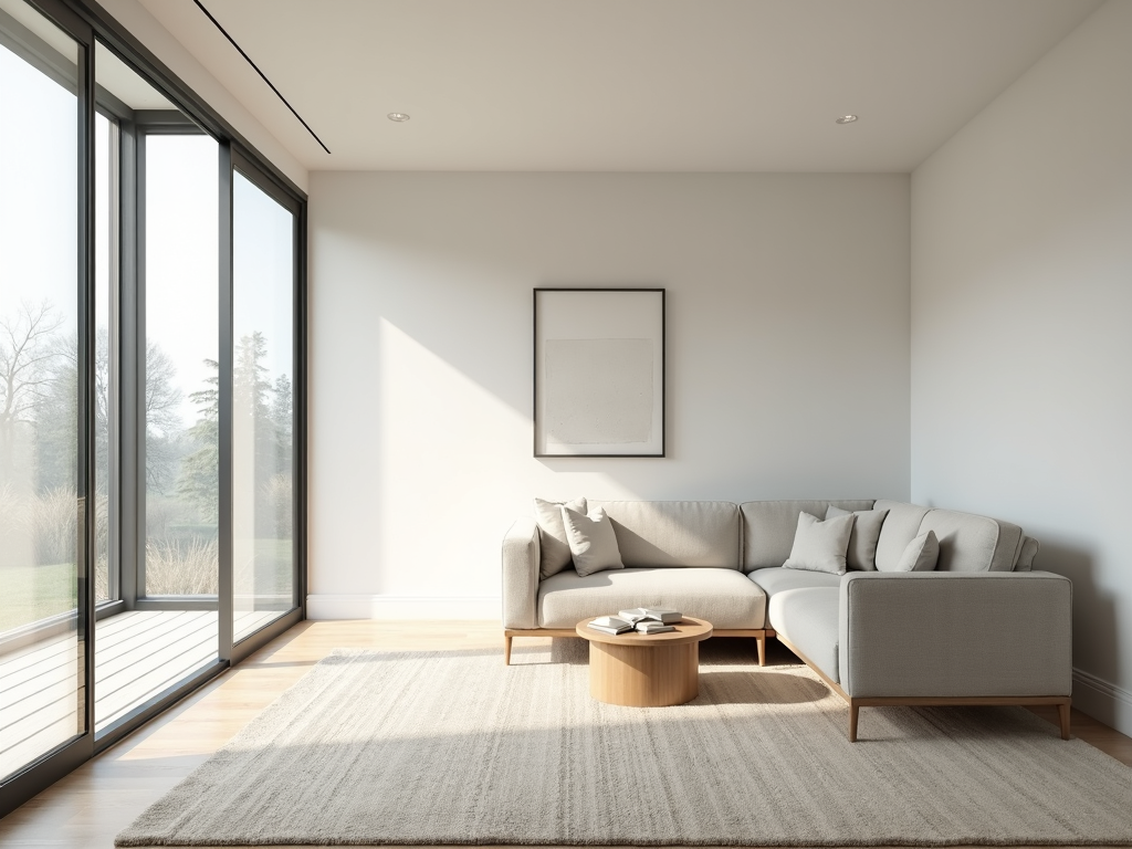 Ein modernes Wohnzimmer mit bodentiefen Fenstern, viel natürlichem Licht, einem schlichten Sofa und einem einzelnen Kunstwerk an der Wand.