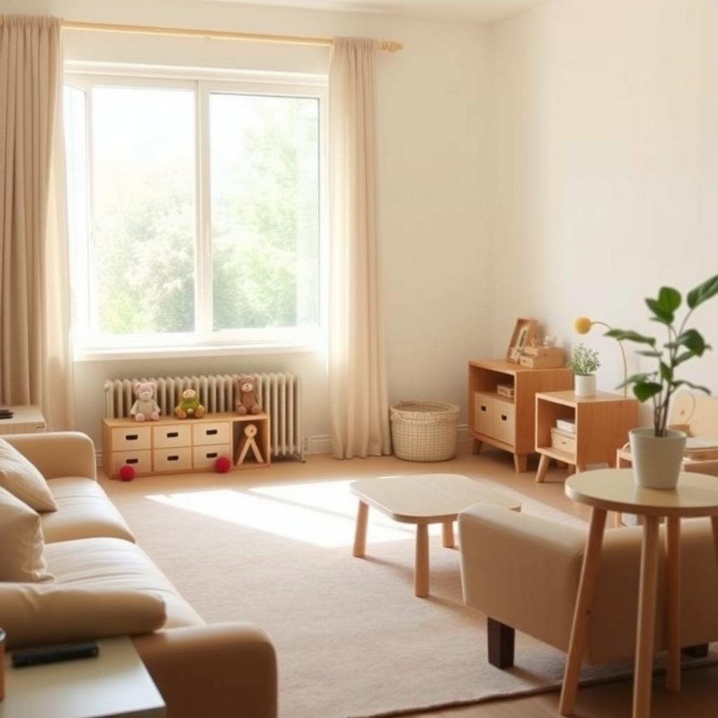 Ein minimalistisches Wohnzimmer mit natürlichem Licht, Holzmöbeln, wenigen Spielsachen auf einem Regal und einer kleinen Topfpflanze.