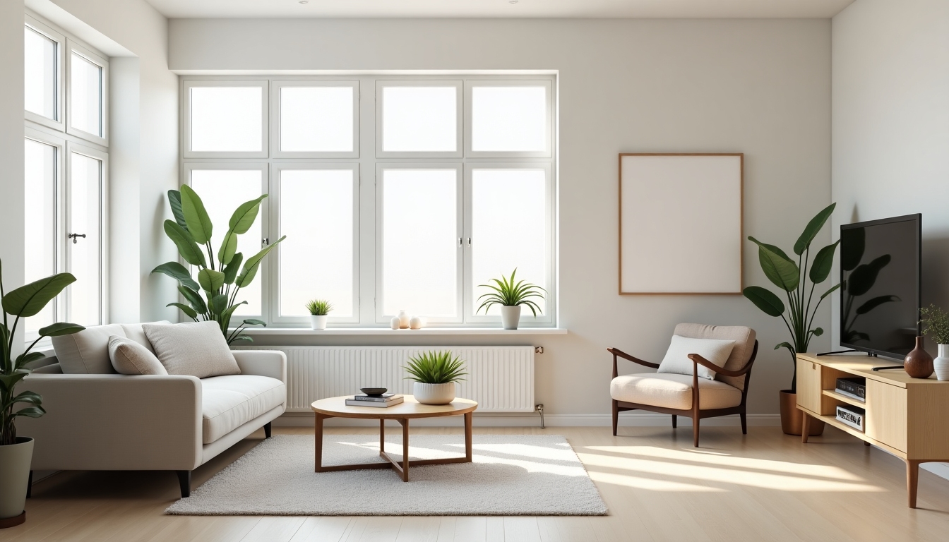 Ein aufgeräumtes Wohnzimmer mit minimalen Möbeln und Dekorationen.