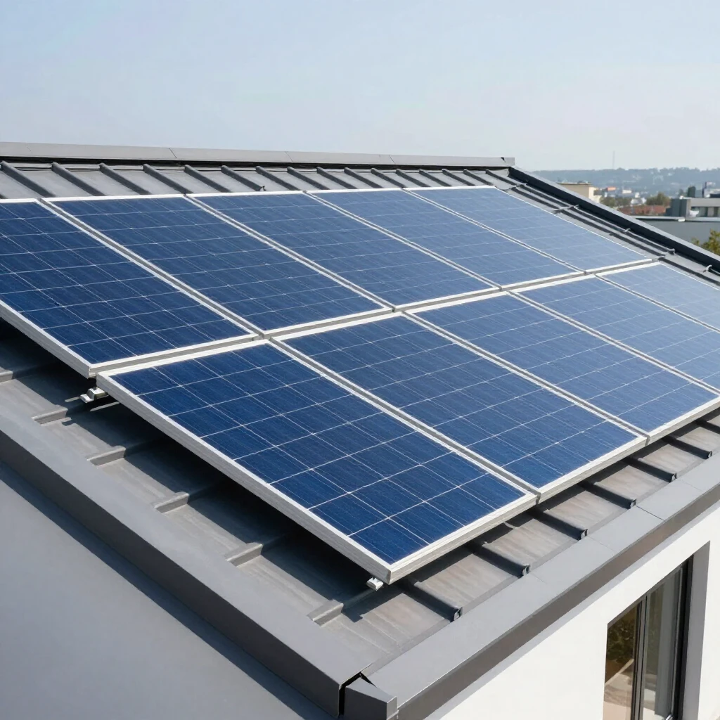 Nahaufnahme von professionell installierten Solarpaneelen auf einem modernen Dach