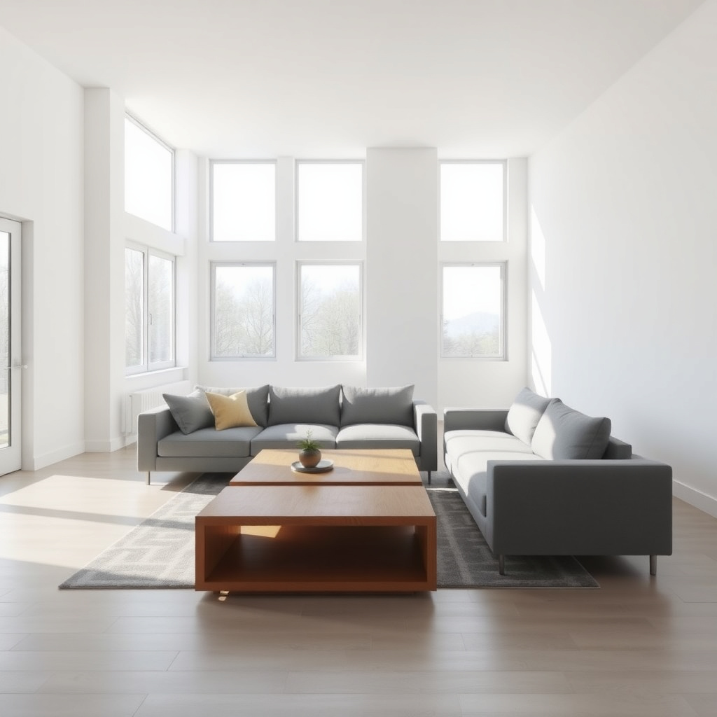 Minimalistisches Wohnzimmer mit klaren Linien und natürlichem Licht