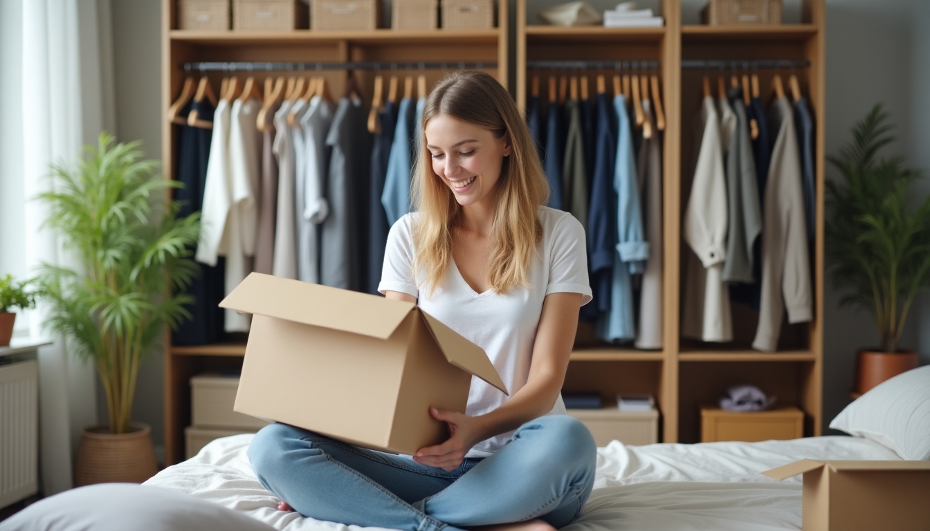 Eine Person räumt glücklich ihren Raum auf, sortiert Gegenstände oder organisiert einen minimalistischen Kleiderschrank.