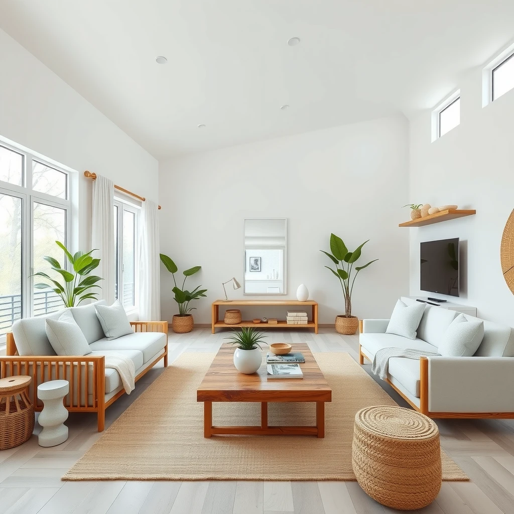 Minimalistisches Wohnzimmer mit nachhaltigen Materialien wie Bambusmöbeln, Leinentextilien und recyceltem Holz