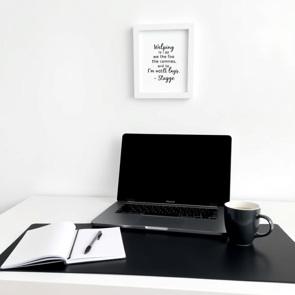 Ein ordentlicher Schreibtisch mit Laptop, Notizbuch, Stift und einer Tasse Kaffee vor einer weißen Wand mit einem minimalistischen Zitat.