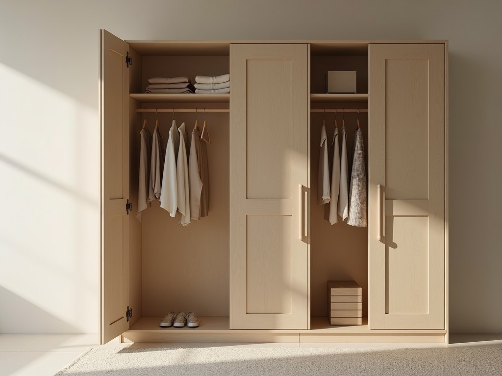 An open wardrobe with just a few neatly hung clothes, all in neutral colors.