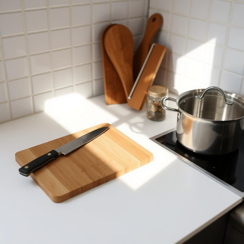 Minimalistische Küchenarbeitsplatte mit einem Schneidebrett, einem Messer, einem Topf und einem Gewürzglas, beleuchtet von sanftem Sonnenlicht.