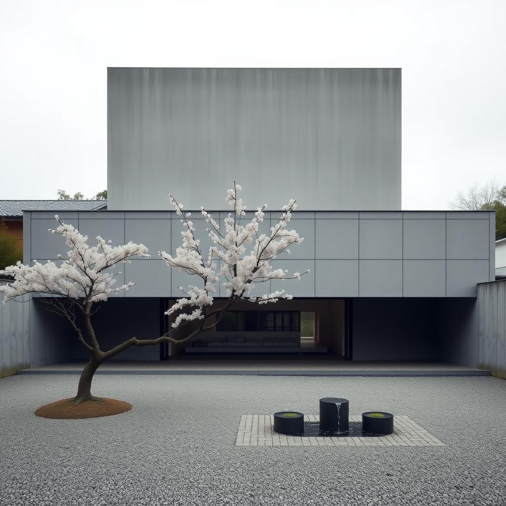 Minimalistisches Betongebäude mit flachem Dach und japanischem Garten mit Kies, Kirschblütenbaum und Wasserfeature an einem ruhigen Tag.
