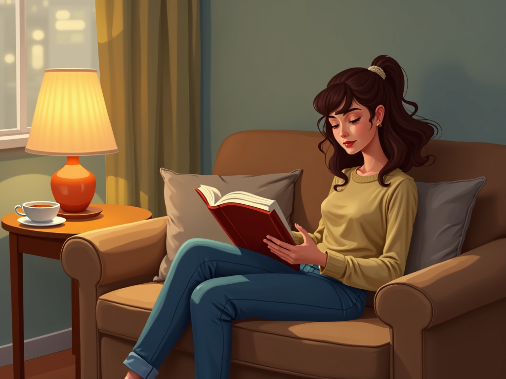 Eine Person liest ein Buch auf einem Sofa, mit einer Tasse Tee auf einem kleinen Tisch in der Nähe.