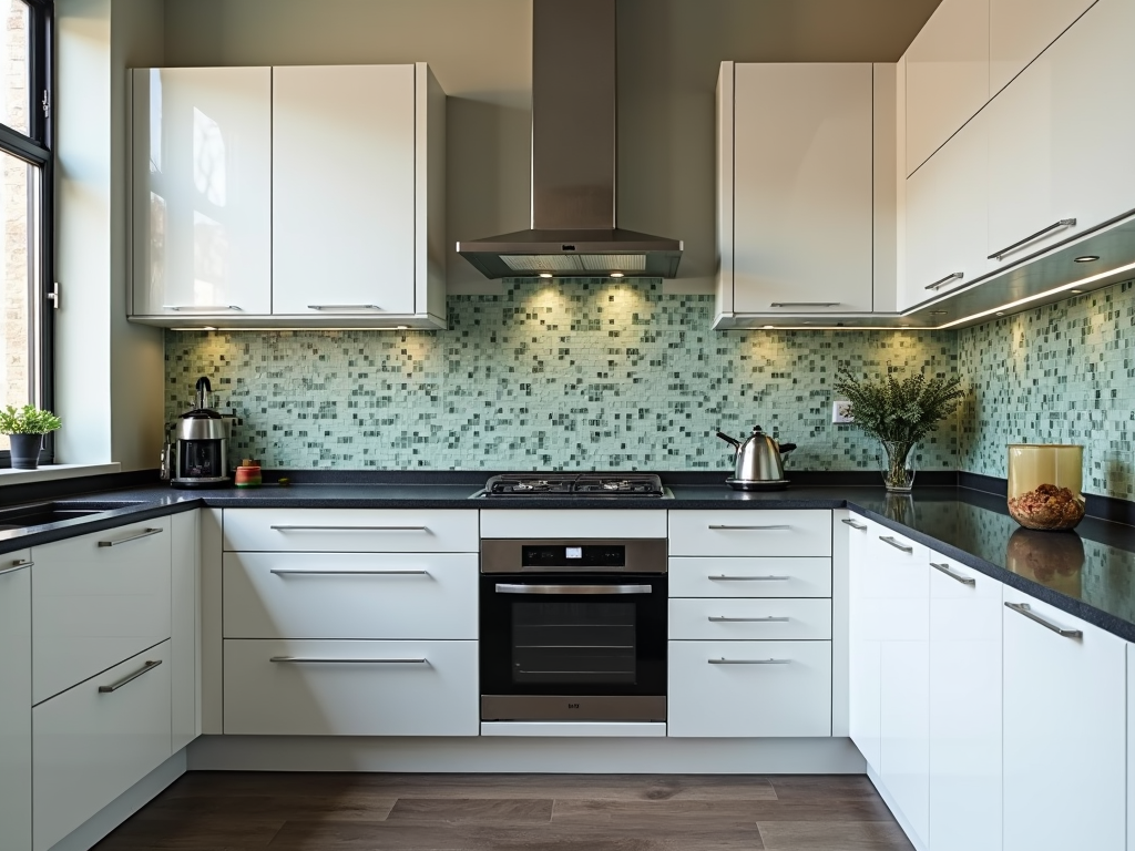 Eine Küche mit recycelten Glasfliesen auf der Rückwand, die ein modernes und schlankes Design zeigt.