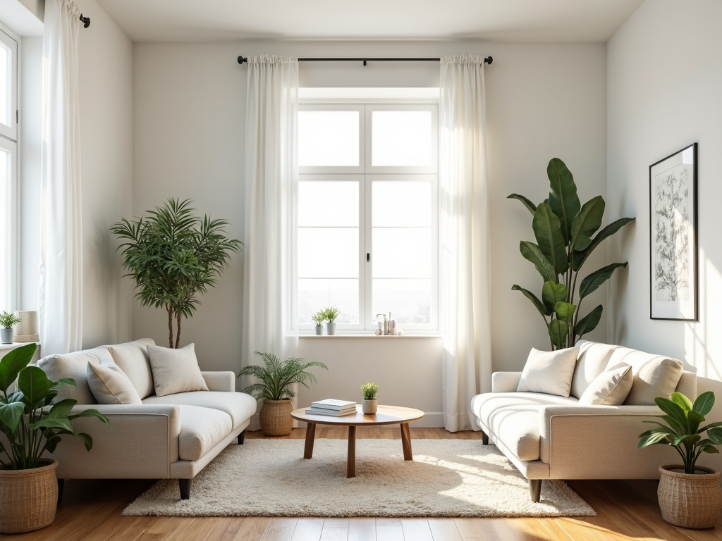 Ein minimalistisches Wohnzimmer mit wenig Möbeln und viel natürlichem Licht.