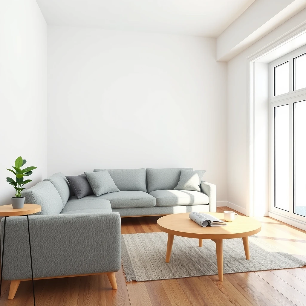 Helles, minimalistisches Wohnzimmer mit wenigen, sorgfältig ausgewählten Möbeln und viel natürlichem Licht