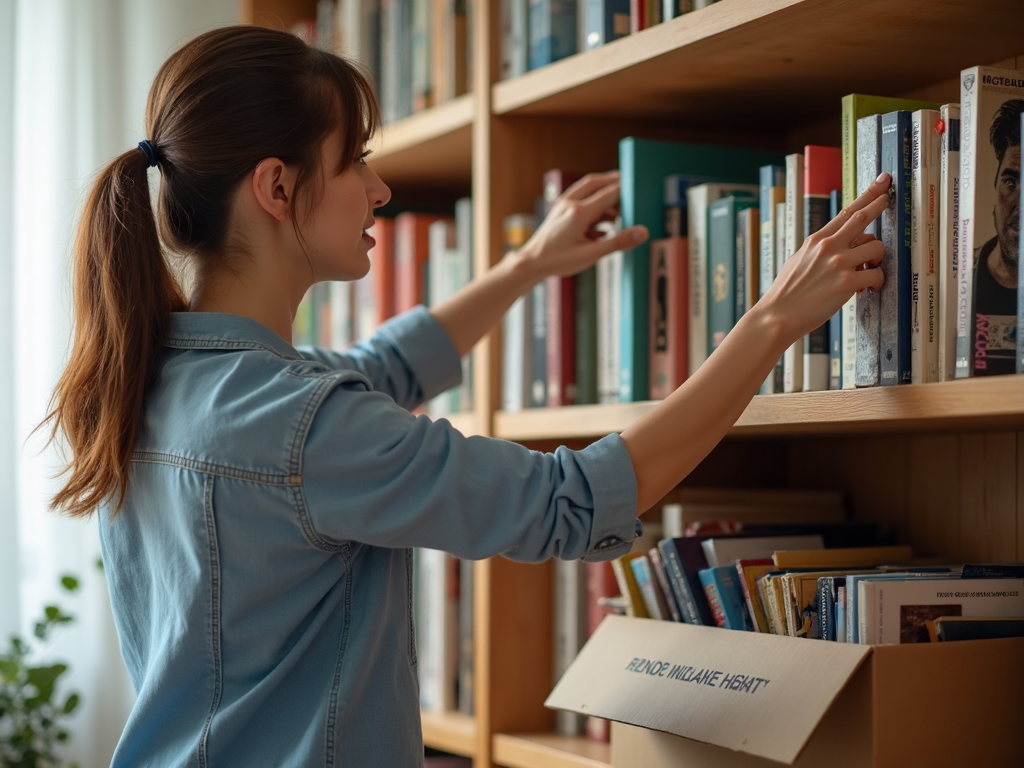 Eine Person räumt ein Bücherregal auf