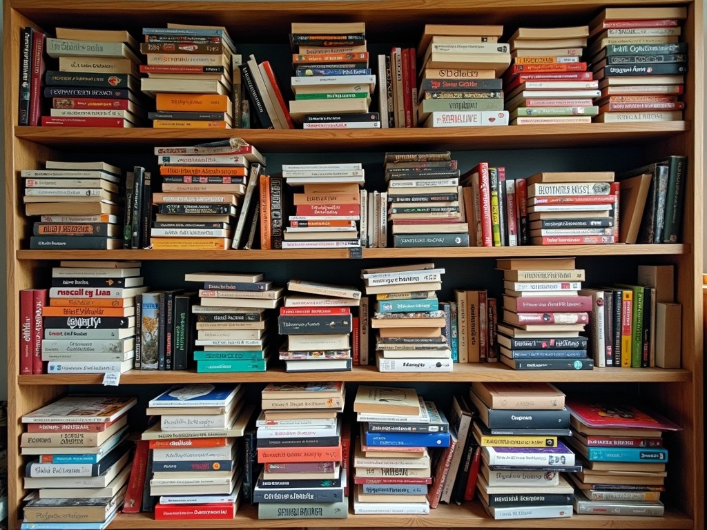 Cluttered bookshelf overflowing with books of various sizes and colors.
