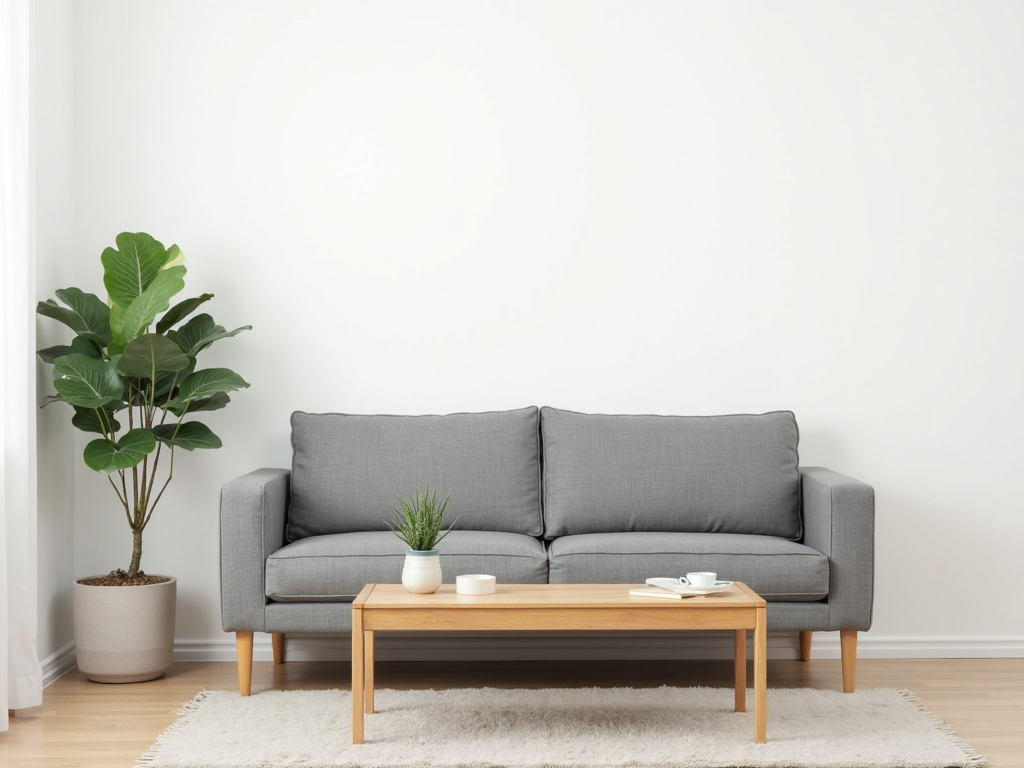 Ein gemütliches, aufgeräumtes Wohnzimmer mit einem grauen Sofa, einem Holztisch und einer Topfpflanze an einer weißen Wand.