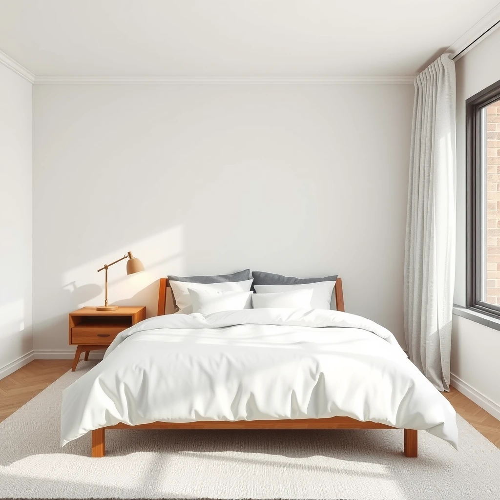 Gemütliches minimalistisches Schlafzimmer mit weißer Bettwäsche, Holznachttisch und sanfter Beleuchtung